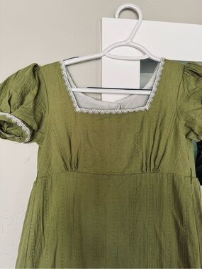 Hand Crafted Olive Green Square-Neck Puff Sleeve Dress with Liner XS